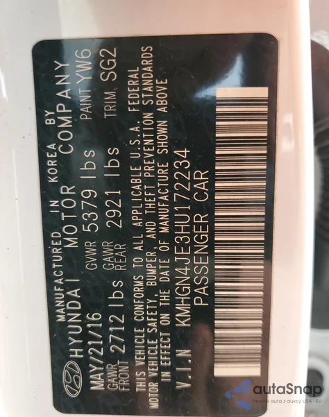 2017 Genesis G80 Base from USA, damaged, VIN KMHGN4JE3HU172234